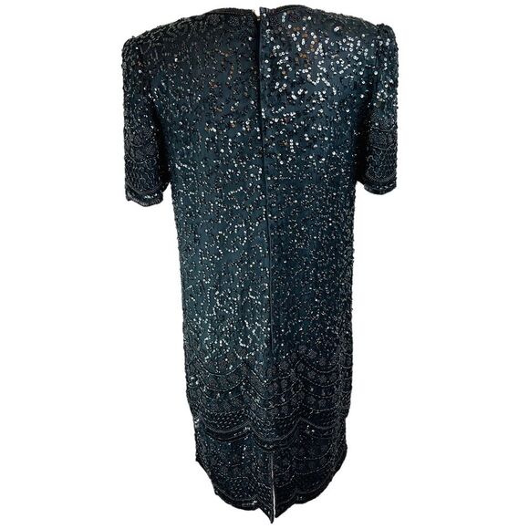 Vintage LAURENCE KAZAR Black Fully Beaded Shift Dress Short Sleeve Silk Art Deco - Picture 3 of 16